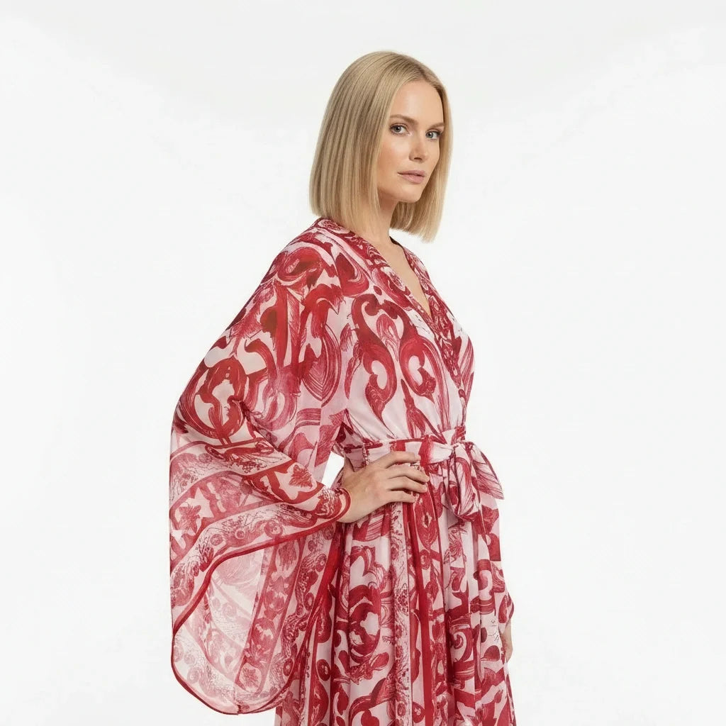 Red Majolica print Flared sleeves chiffon maxi dress