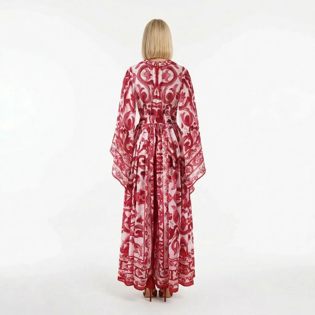 Red Majolica print Flared sleeves chiffon maxi dress