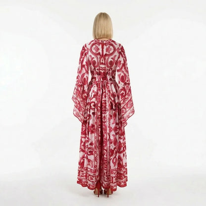 Red Majolica print Flared sleeves chiffon maxi dress