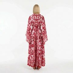 Red Majolica print Flared sleeves chiffon maxi dress