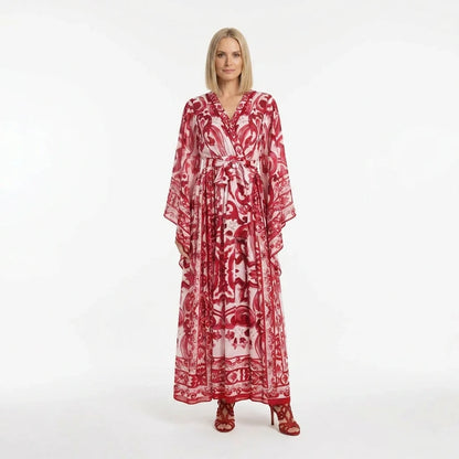 Red Majolica print Flared sleeves chiffon maxi dress