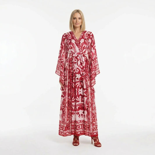 Red Majolica print Flared sleeves chiffon maxi dress