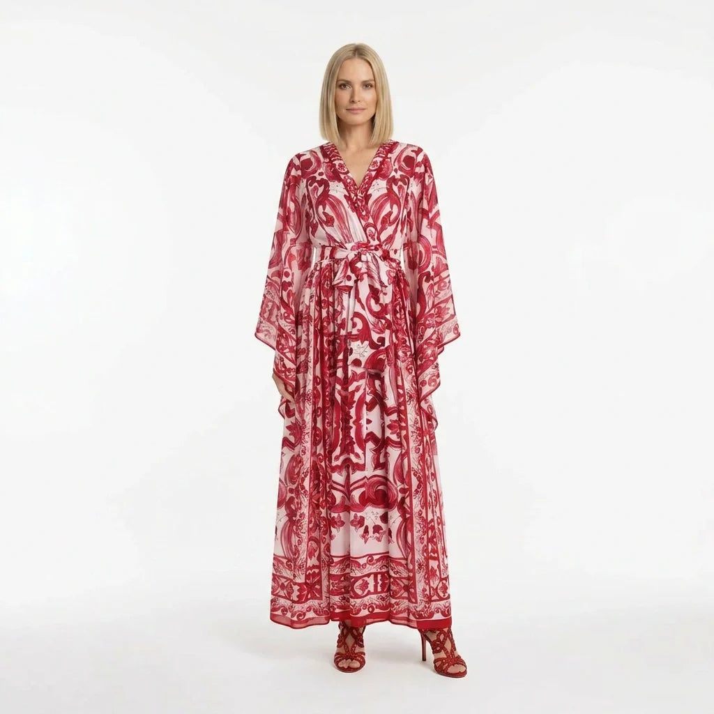 Red Majolica print Flared sleeves chiffon maxi dress