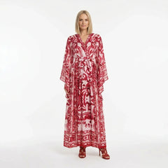 Red Majolica print Flared sleeves chiffon maxi dress