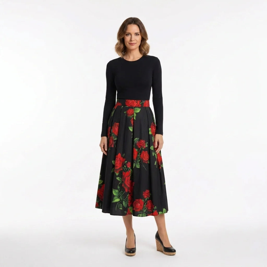 Red Roses Cotton Midi Skirt