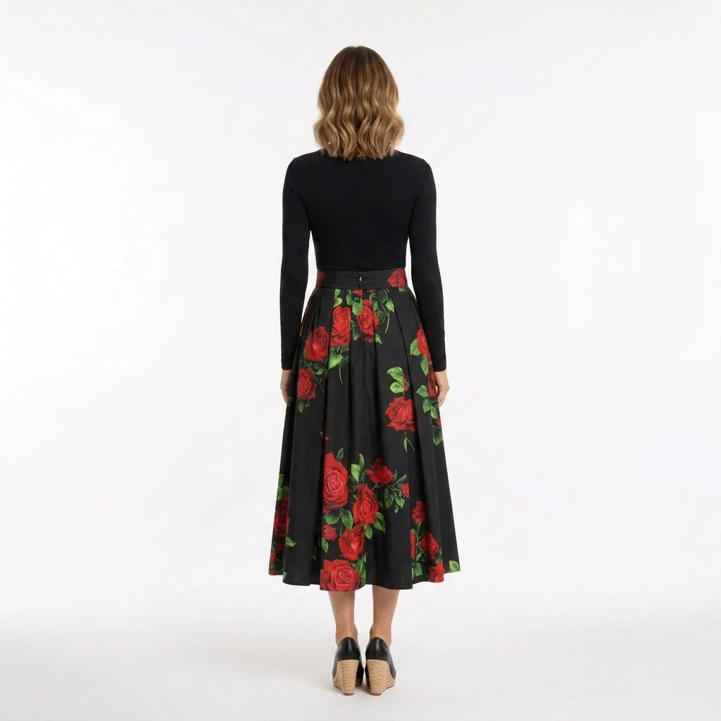 Red Roses Cotton Midi Skirt