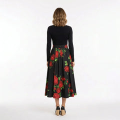 Red Roses Cotton Midi Skirt