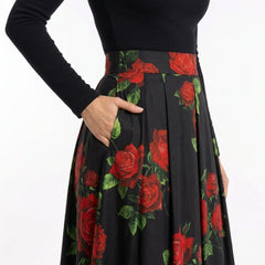 Red Roses Cotton Midi Skirt