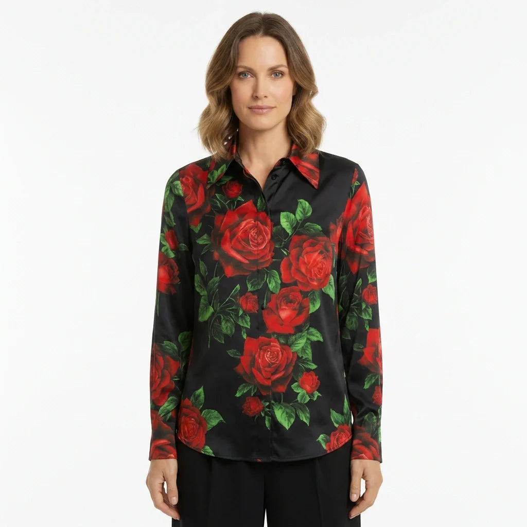 Red Roses Black Silk Blouse