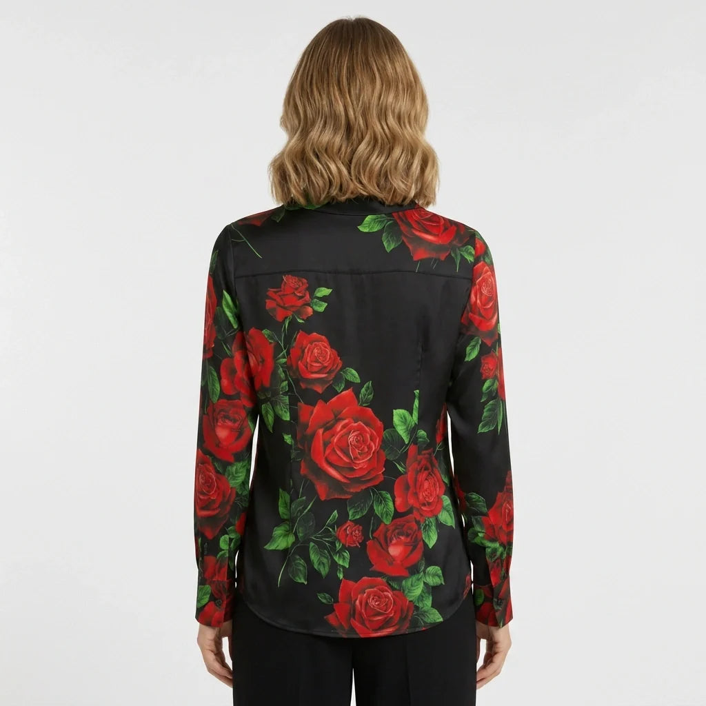 Red Roses Black Silk Blouse