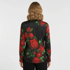Red Roses Black Silk Blouse