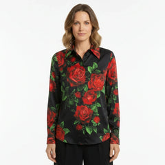 Red Roses Black Silk Blouse