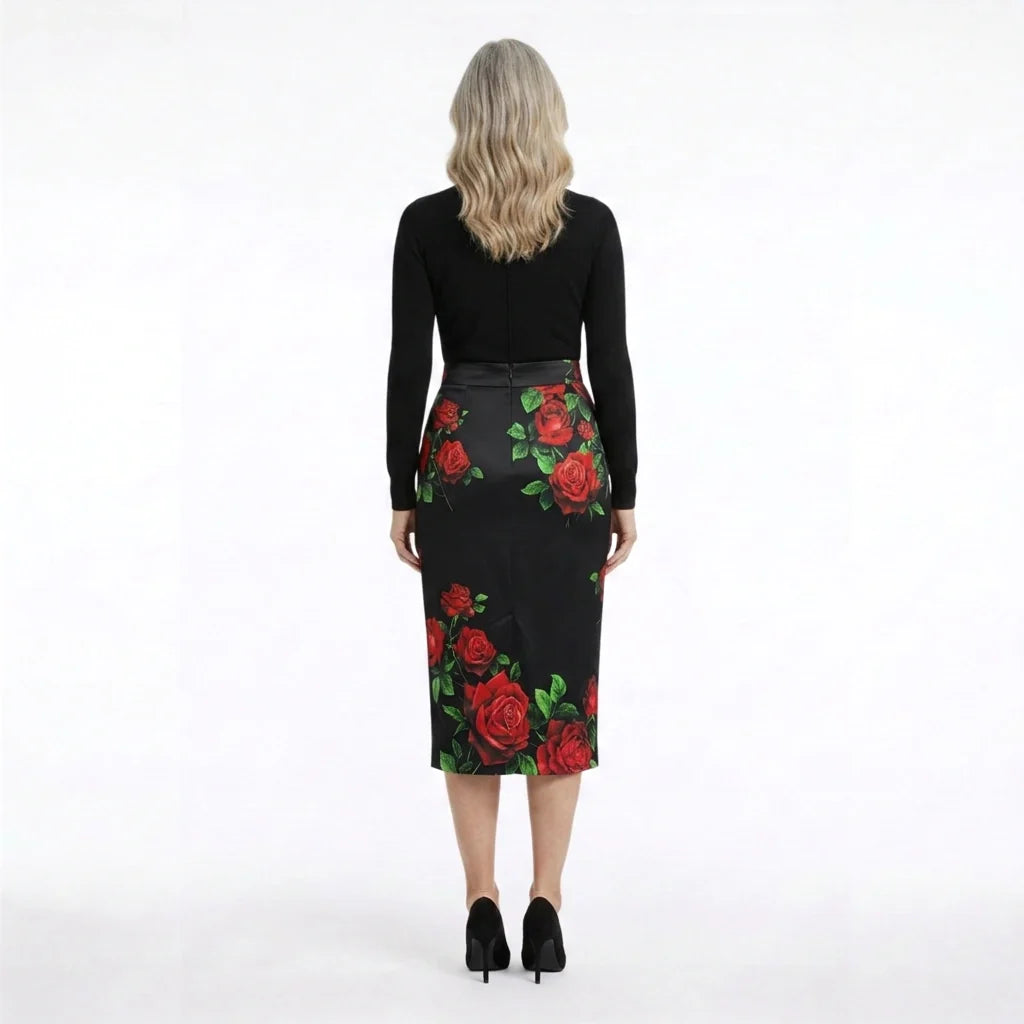 Red Roses Silk Midi Skirt