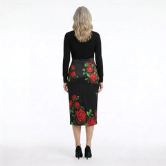 Red Roses Silk Midi Skirt