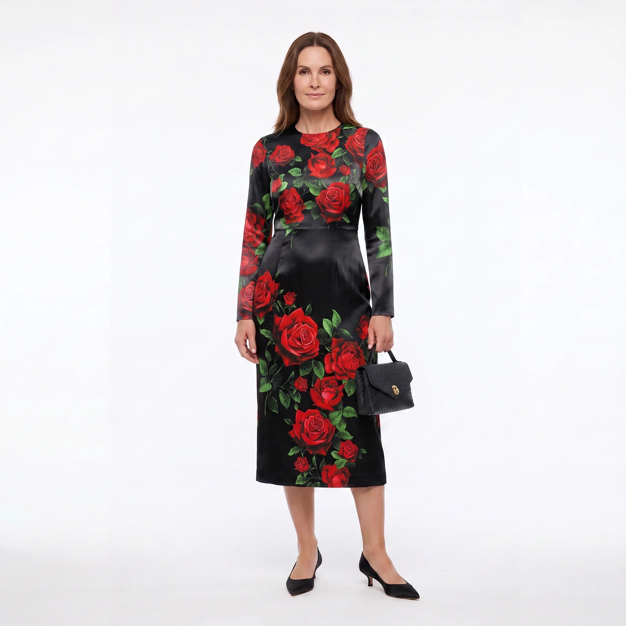 Red Roses Silk Midi Dress with Long Sleeves