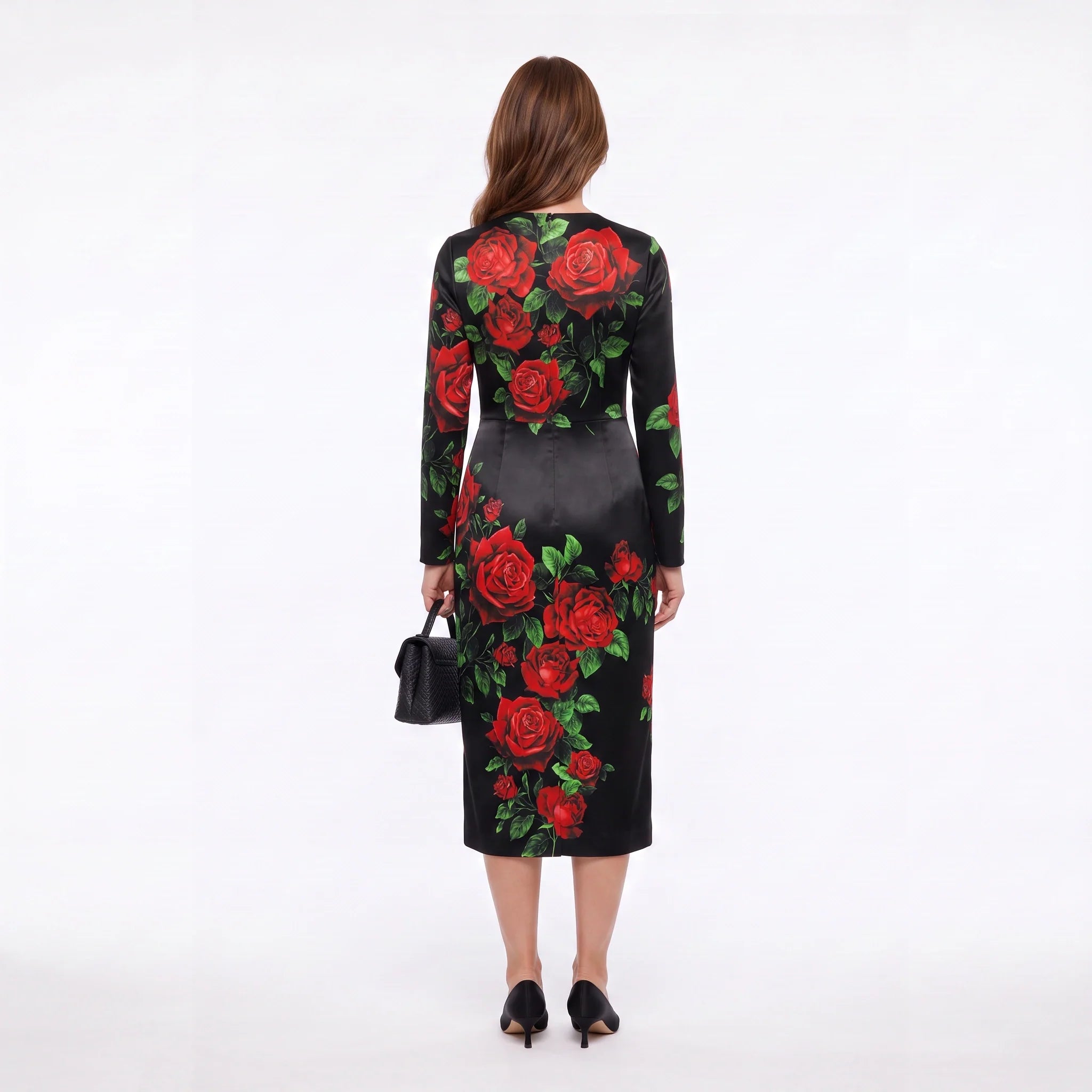Red Roses Silk Midi Dress with Long Sleeves