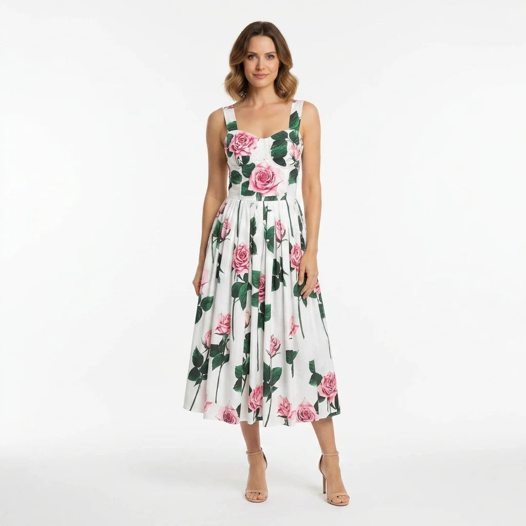 Italian Pink Roses Push Up Cotton Dress