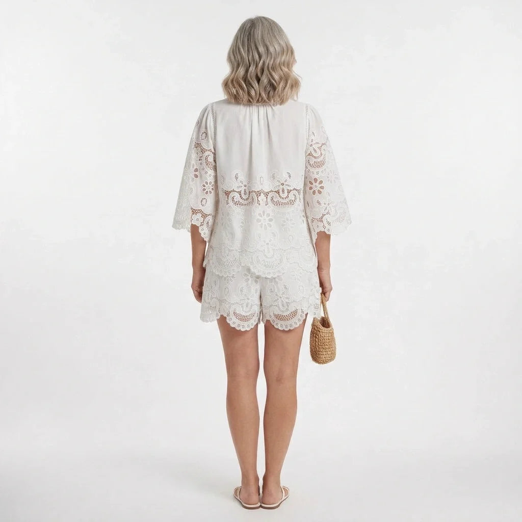 White Broderie Cotton Half Sleeve Top and Shorts Set