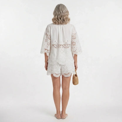 White Broderie Cotton Half Sleeve Top and Shorts Set