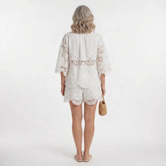 White Broderie Cotton Half Sleeve Top and Shorts Set