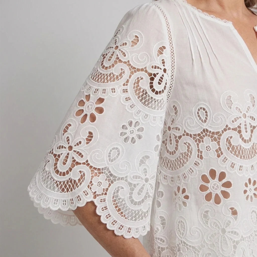 White Broderie Cotton Half Sleeve Top and Shorts Set