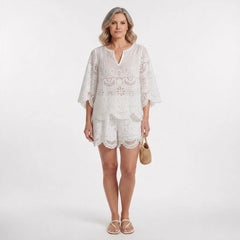 White Broderie Cotton Half Sleeve Top and Shorts Set
