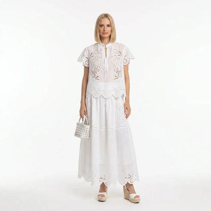White Broderie Cotton Short-Sleeve Top and Skirt Set