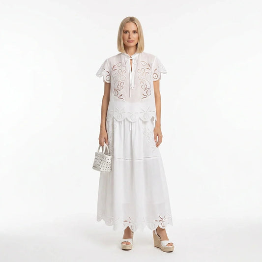 White Broderie Cotton Short-Sleeve Top and Skirt Set