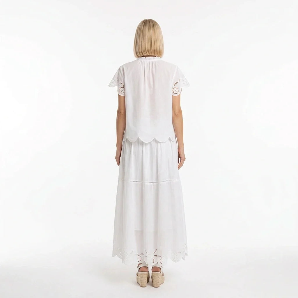 White Broderie Cotton Short-Sleeve Top and Skirt Set