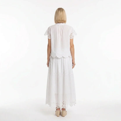 White Broderie Cotton Short-Sleeve Top and Skirt Set