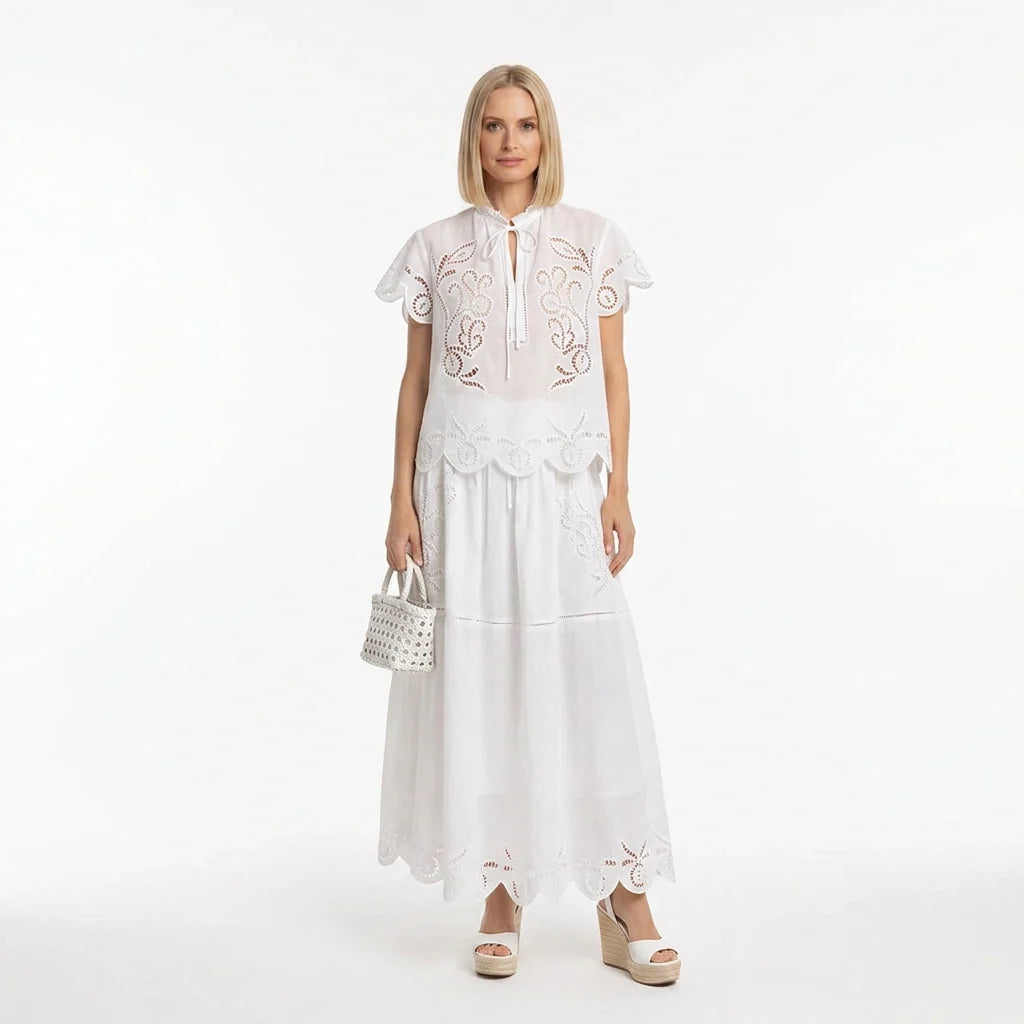 White Broderie Cotton Short-Sleeve Top and Skirt Set