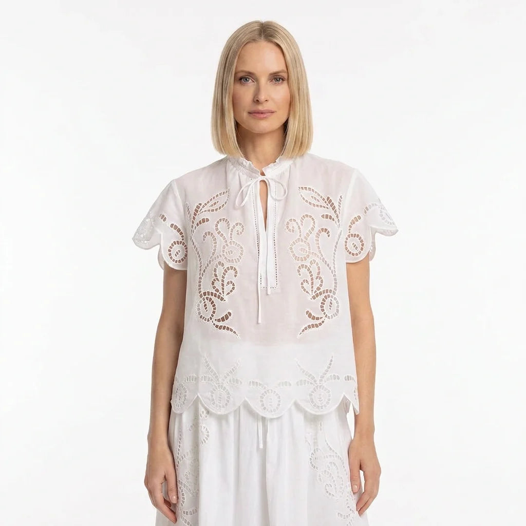 White Broderie Cotton Short-Sleeve Top and Skirt Set