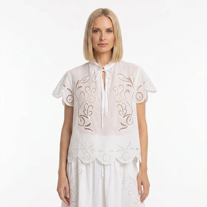 White Broderie Cotton Short-Sleeve Top and Skirt Set