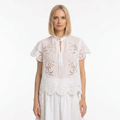 White Broderie Cotton Short-Sleeve Top and Skirt Set
