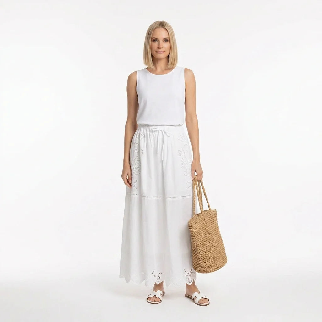 White Broderie Cotton Short-Sleeve Top and Skirt Set