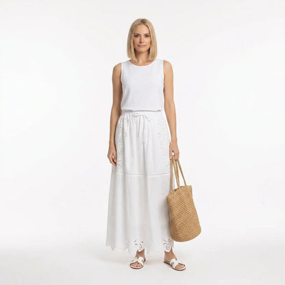 White Broderie Cotton Short-Sleeve Top and Skirt Set