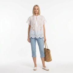 White Broderie Cotton Short-Sleeve Top and Skirt Set