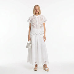 White Broderie Cotton Short-Sleeve Top and Skirt Set