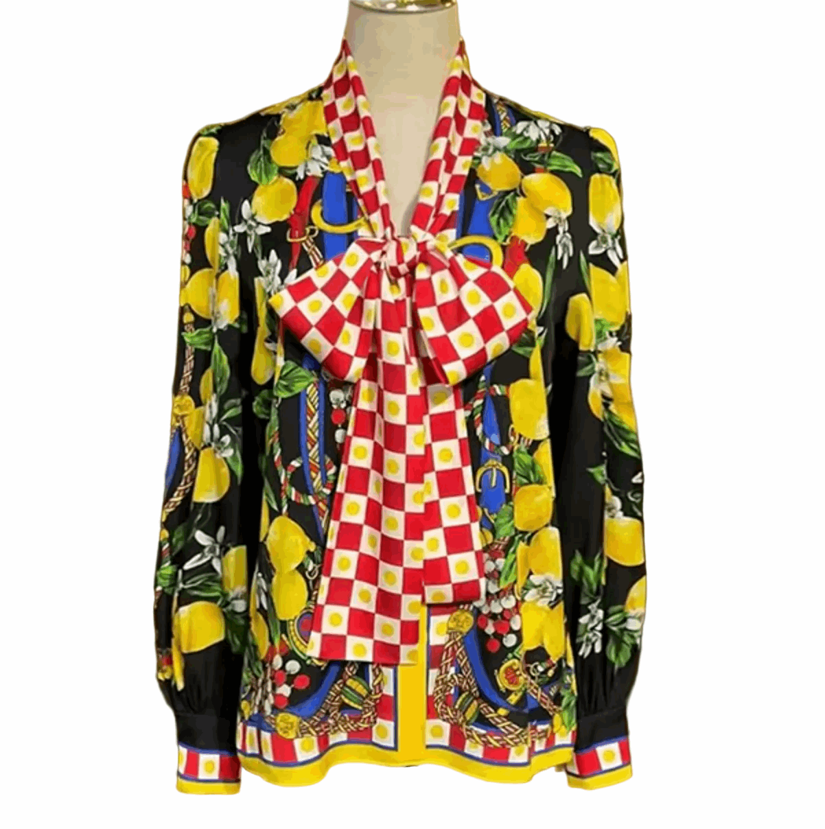 Sicilian Lemons Pure Silk Blouse with Bow