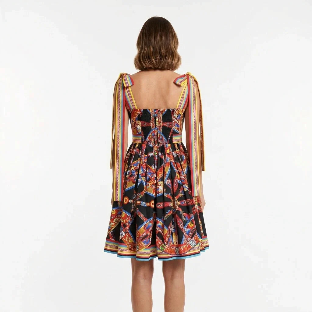 Carretto Cotton Mini Dress with Bow Shoulder Straps