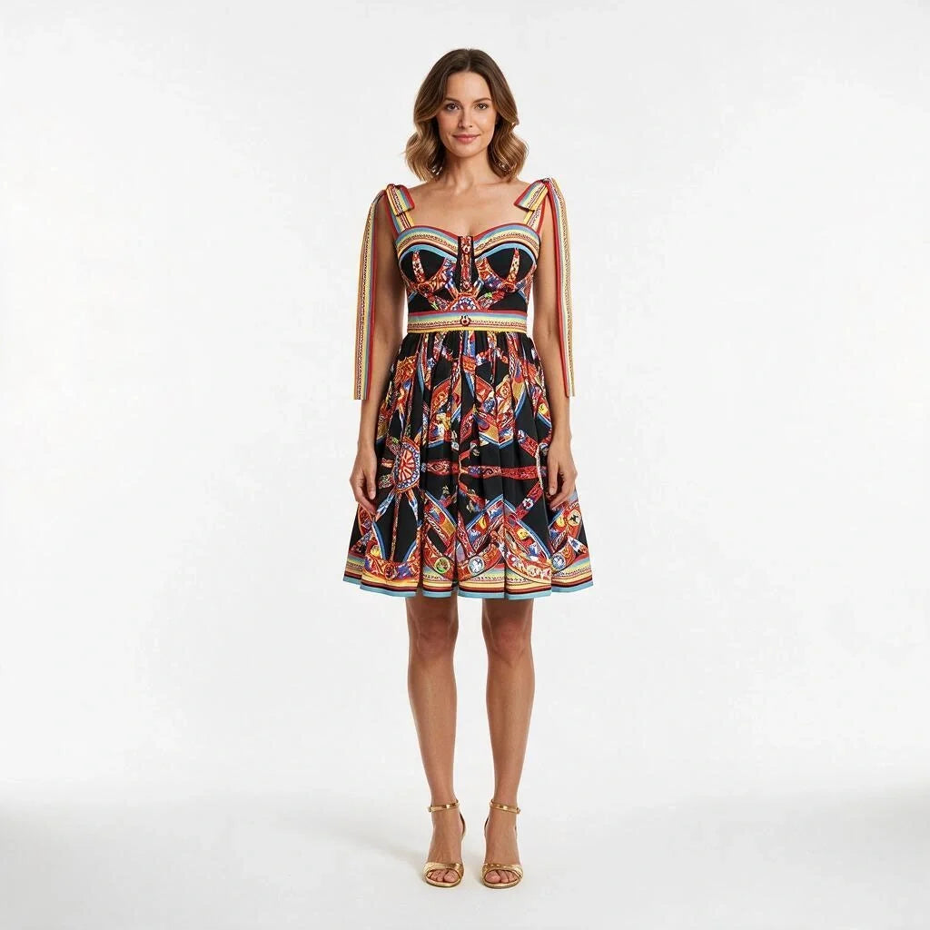 Carretto Cotton Mini Dress with Bow Shoulder Straps