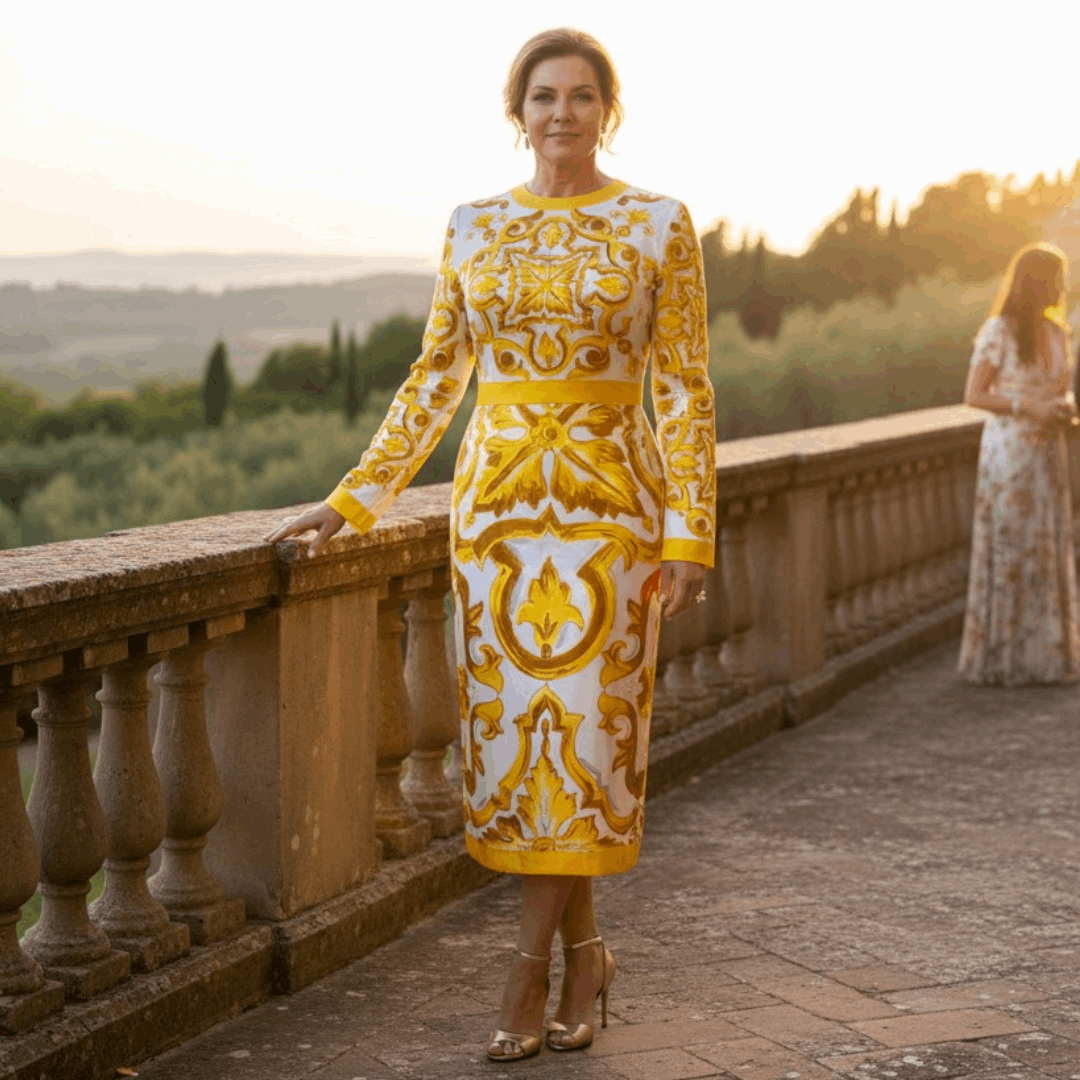 Yellow Majolica print long sleeve silk midi dress