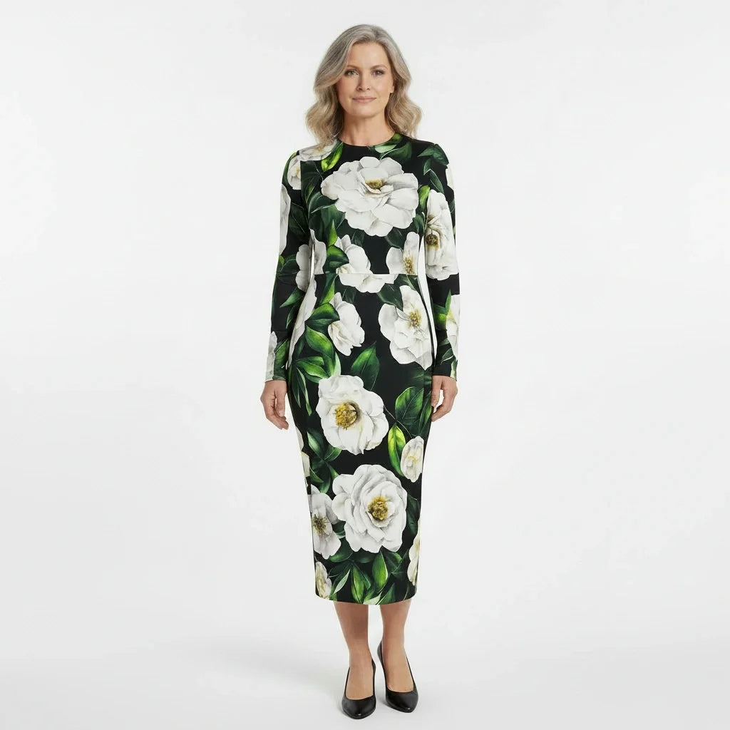 Italian Luxury Designer White Roses print long sleeve 100% silk dress
