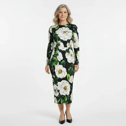 Italian Luxury Designer White Roses print long sleeve 100% silk dress