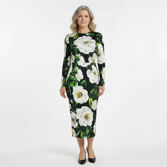 Italian Luxury Designer White Roses print long sleeve 100% silk dress
