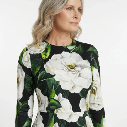 Italian Luxury Designer White Roses print long sleeve 100% silk dress