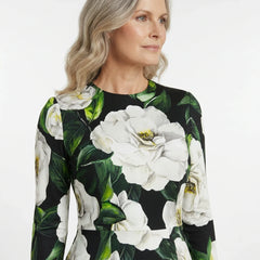 Italian Luxury Designer White Roses print long sleeve 100% silk dress