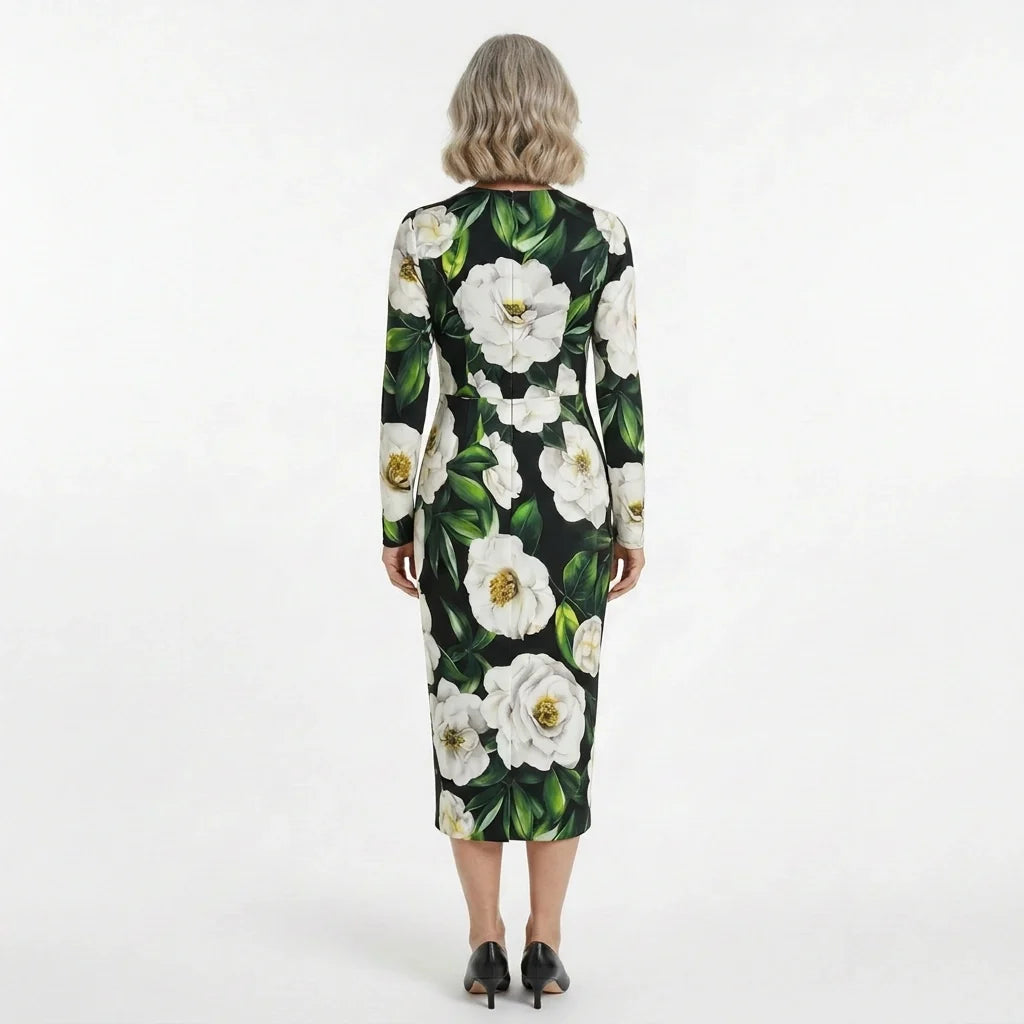 Italian Luxury Designer White Roses print long sleeve 100% silk dress