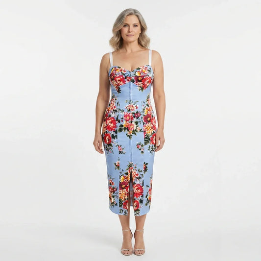 Floralia Italiana Pure Silk Lingerie-Style Blue Midi Dress