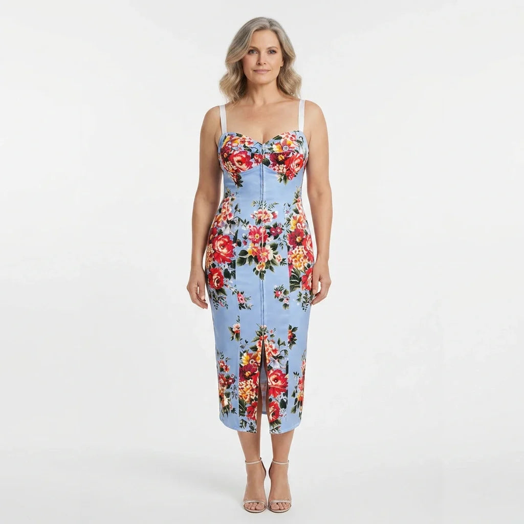 Floralia Italiana Pure Silk Lingerie-Style Blue Midi Dress